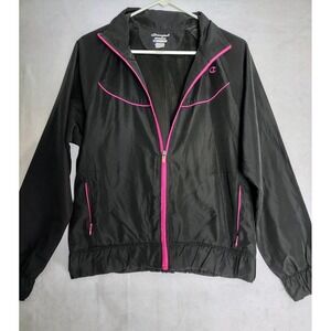 Champion Windbreaker Women's Large Black Jacket Full Zip Lightweight Coat Casual